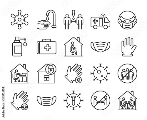 Virus Prevention icons. Preventing Spread of Infection line icon set. Vector illustration. Editable stroke.