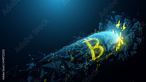Digital financial. Online money. Bitcoin bullet sign shot smashed the dollar coin from lines, triangles, particle, low poly and wireframe design. Vector illustration