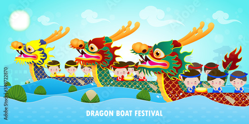 Chinese Dragon boat Race festival with rice dumplings, cute character design Happy Dragon boat festival on background greeting card vector illustration.Translation: Dragon Boat festival,5th day of may