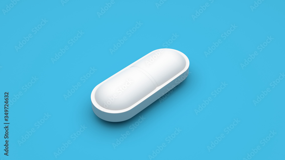 White pills isolated on blue background. 4K UHD. 3d rendering. White pills isolated on blue background. 4K UHD. 3d rendering.