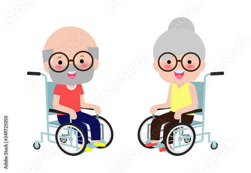 Cute disabled senior couple sitting in a wheelchair, Handicapped person. Colorful flat style cartoon vector illustration isolated on white background