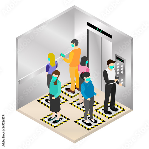 New normal isometric, Social distancing with floor signs inside elevator for protect pandemic of virus Covid-19, COVID-19 Quarantine. Pandemic Coronavirus Reducing risk of infection.