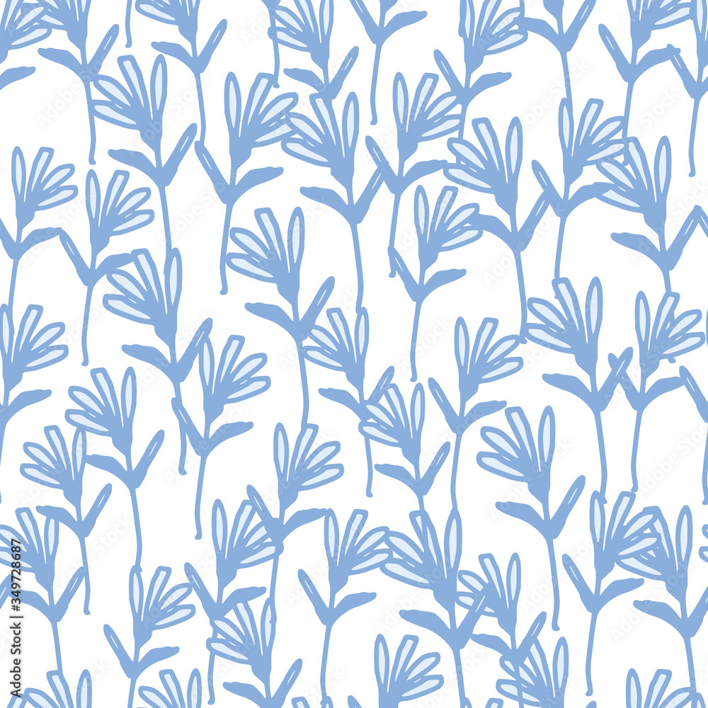 Blue little forest flowers seamless pattern on white background. Abstract field of flowers wallpaper.