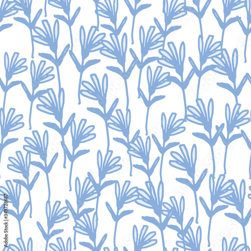 Blue little forest flowers seamless pattern on white background. Abstract field of flowers wallpaper.
