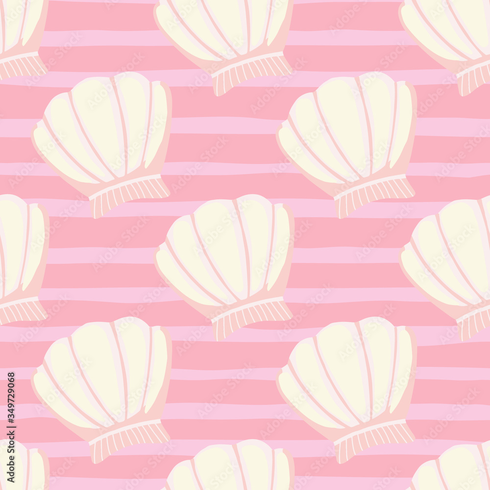 Abstract seashells seamless pattern on stripes background. Geometric sea ocean shell endless wallpaper.