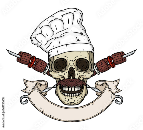 Skull chef with kebab. Cartoon skull with ribbon for your text.