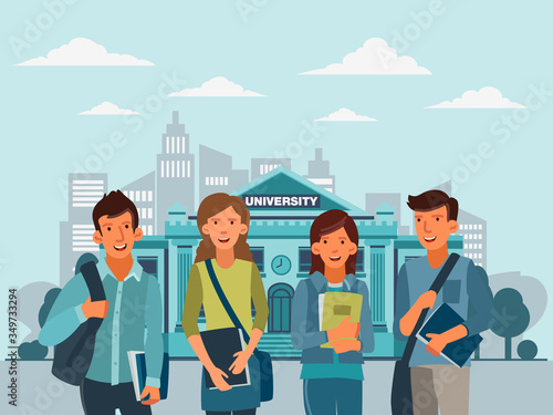Happy and smiling group of students standing with notebooks. Back to school vector concept