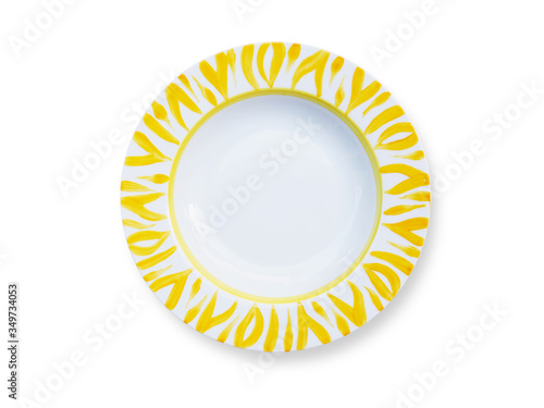top view of ceramic round dish white plate isolated on white background.