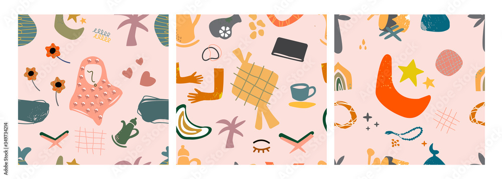 Hand drawn various shapes and doodle objects. Islamic themes. Set of three abstract contemporary modern trendy vector seamless patterns. Perfect for textile prints. Every pattern is isolated Hand drawn various shapes and doodle objects. Islamic themes. Set of three abstract contemporary modern trendy vector seamless patterns. Perfect for textile prints. Every pattern is isolated