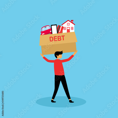 A man carry debt of house, car, smartphone and credit card. Financial crisis concept vector illustration. He has too much burden.
