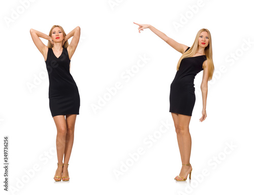 Young pretty woman in mini black dress isolated on white