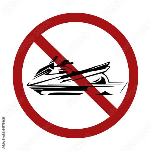 Water bike in the prohibition sign. The danger of riding on water vehicles. Vector sign for logos, icons and your creativity.