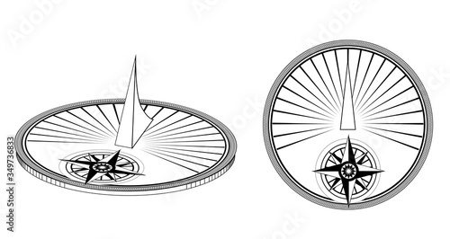 Set of black and white ancient sundials isolated on a white background. Old time dimension. Vector contour object for logos, icons and your creativity.
