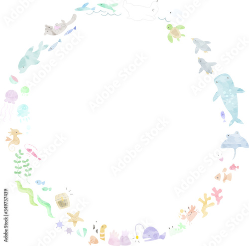 水彩風の海の生き物の丸いフレーム