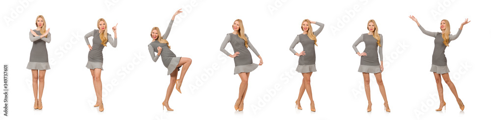 Fototapeta premium Blond girl in polka dot dress isolated on white