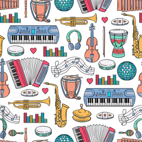 Vector seamless pattern with cartoon colorful musical instruments and sound symbols. Background on the theme of music