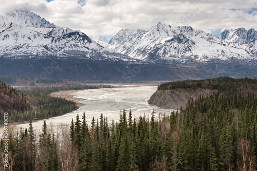 Matanuska River flows through the valley floor in Alaska