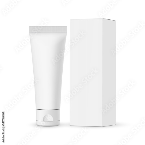 Cosmetic tube with box mockup isolated on white background. Vector illustration