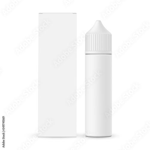 Dropper bottle with paper box mockup isolated on white background. Vape e-liquid plastic vial. Vector illustration