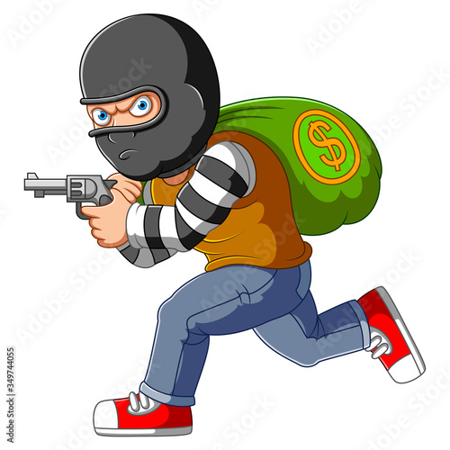 Bank robber running with money bags and gun