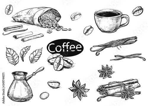 Hand drawn sketch black and white coffee set. Vector illustration of coffee cup, beans, leaf, branch, vanilla, turka, cinnamon. Elements in graphic style menu.