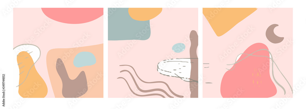 Set of three abstract backgrounds. Hand drawn various shapes and doodle objects. Contemporary modern trendy vector illustrations. Every background is isolated. Pastel colors Set of three abstract backgrounds. Hand drawn various shapes and doodle objects. Contemporary modern trendy vector illustrations. Every background is isolated. Pastel colors