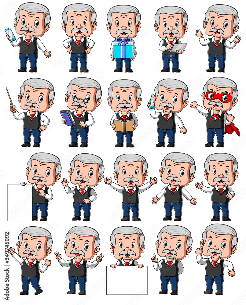 Set of senior businessman with different poses of illustration