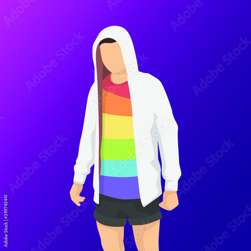 Young man in gay, lesbian, bisexual, transgender rights, modern style vector illustration, people simple flat shadow isolated on purple background