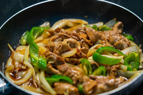  Close up image of Pork and Pepper Stir Fry on the pan