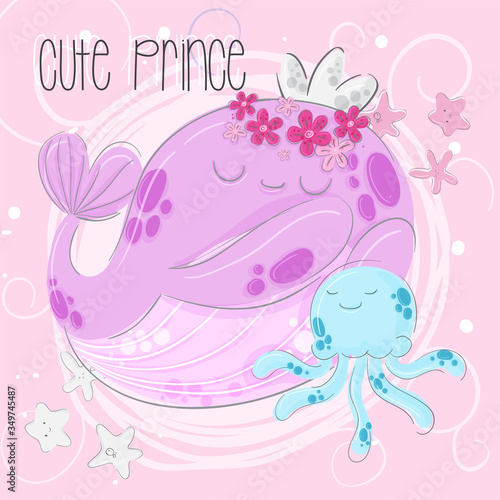 Cute animal cartoon baby whale illustration for kids