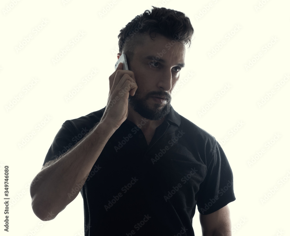 Male person silhouette over white use mobile phone Male person silhouette over white use mobile phone