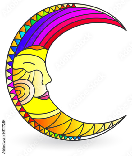 Stained glass illustration  with a  moon with faces, isolated on a white background 