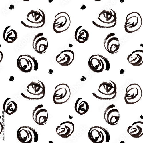 Abstract simple trendy seamless pattern. Black and white. Brush strokes, lines and small crosses, hand drawn in doodle style.