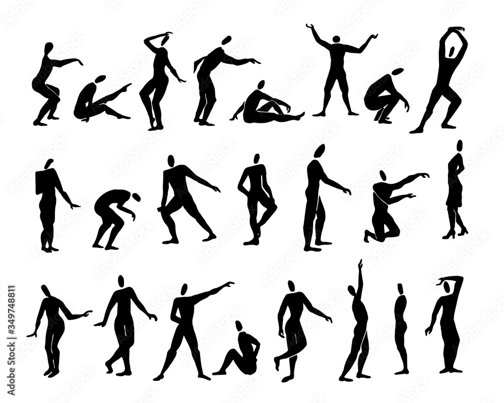 Set with people silhouettes. Vector hand-drawn illustration. The set contains different silhouettes of people in different poses. Vector illustration with people who stand, run, sit, dance. 
