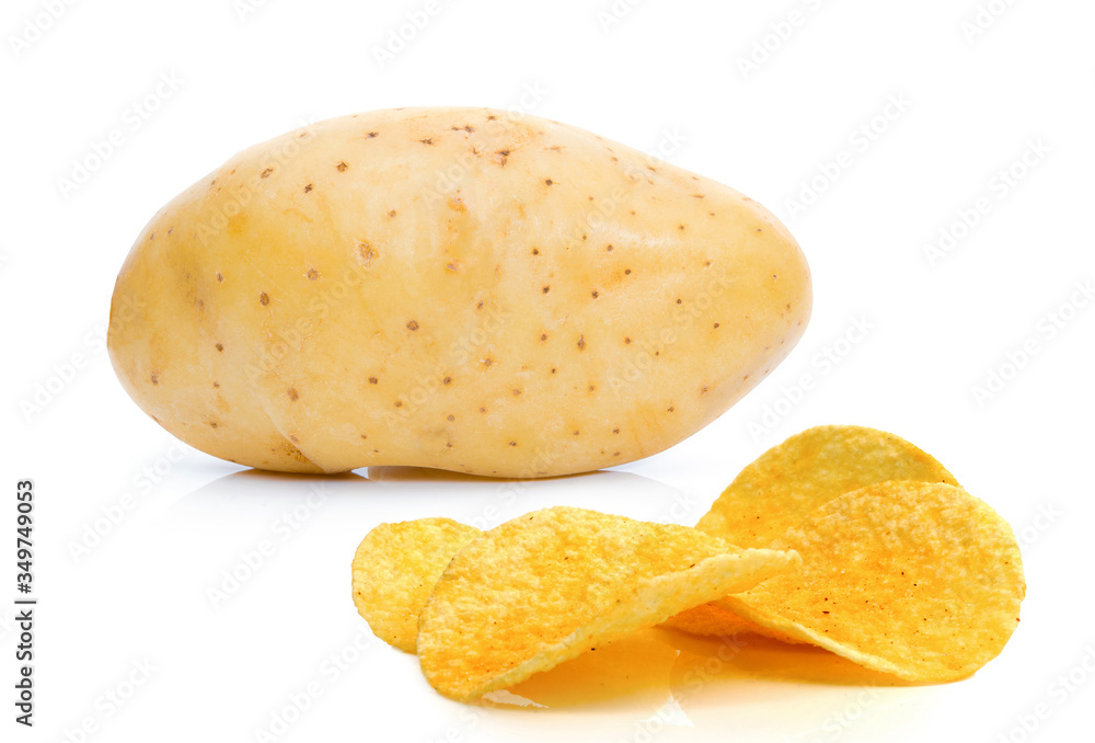 Potato raw and chips on a white background
