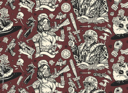 Post apocalypse seamless pattern. People, weapon of dark future. Man warrior, soldier woman. Doomsday girl and gun, end of world. Nuclear war background. Post apocalyptic old school tattoo style