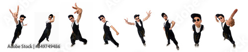 Funny young man dancing isolated on white