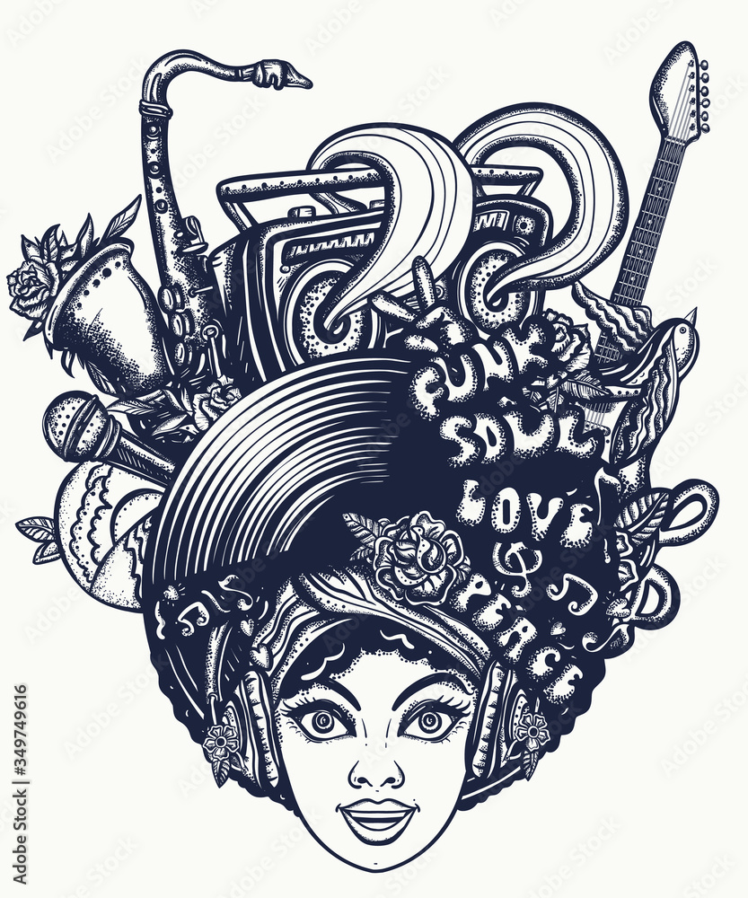 Life music. African American young funky woman. Jazz, funk, soul, disco.  Karaoke concept. Hippie musical girl, saxophone, guitar and retro rainbow  boom box. Tattoo and t-shirt design Stock Vector