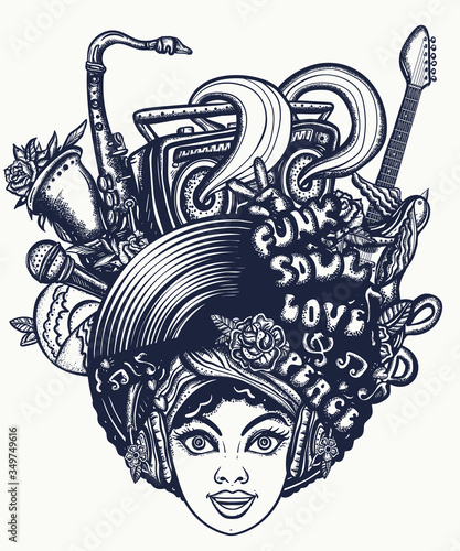 Life music. African American young funky woman. Jazz, funk, soul, disco. Karaoke concept. Hippie musical girl, saxophone, guitar and retro rainbow boom box.  Tattoo and t-shirt design