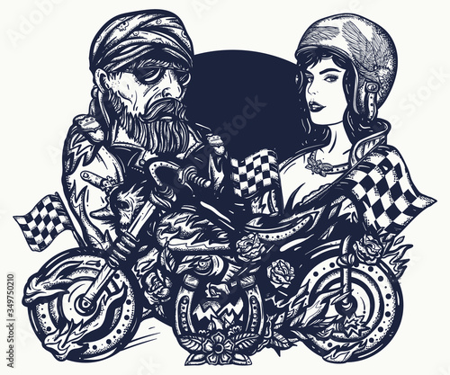 Bikers lifestyle. Bearded biker man  burning motorcycle  rider sport moto woman  female motorcyclist. Road racers art. Tattoo and t-shirt design
