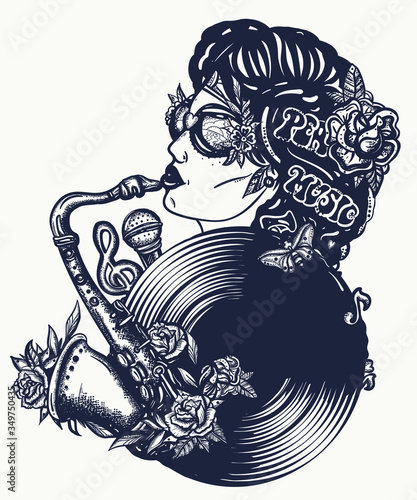 Music girl, portrait. African American funky woman plays a saxophone. Vinyl disk, saxophone, microphone, notes. Happy hippie musician. Funk, disco, jazz and soul art. Tattoo and t-shirt design