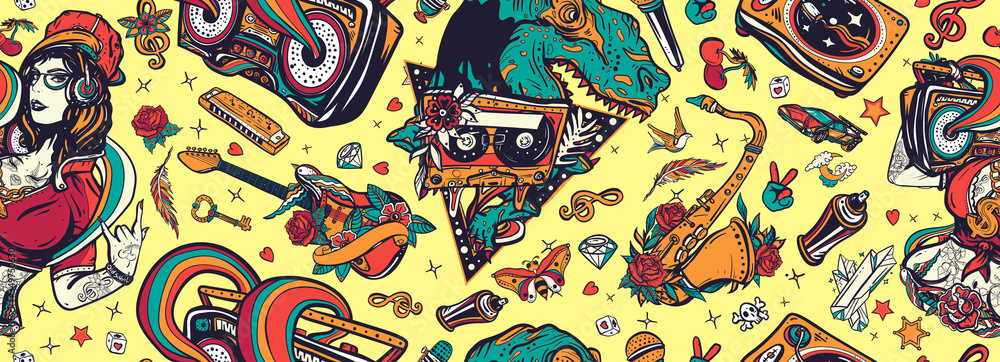 Retro music seamless pattern. Hip hop girl, swag woman. Tyrannosaur, dj vinyl, boom box, rock guitar, saxophone. Funny pop culture musical background. Hip hop, street lifestyle. Old school tattoo art