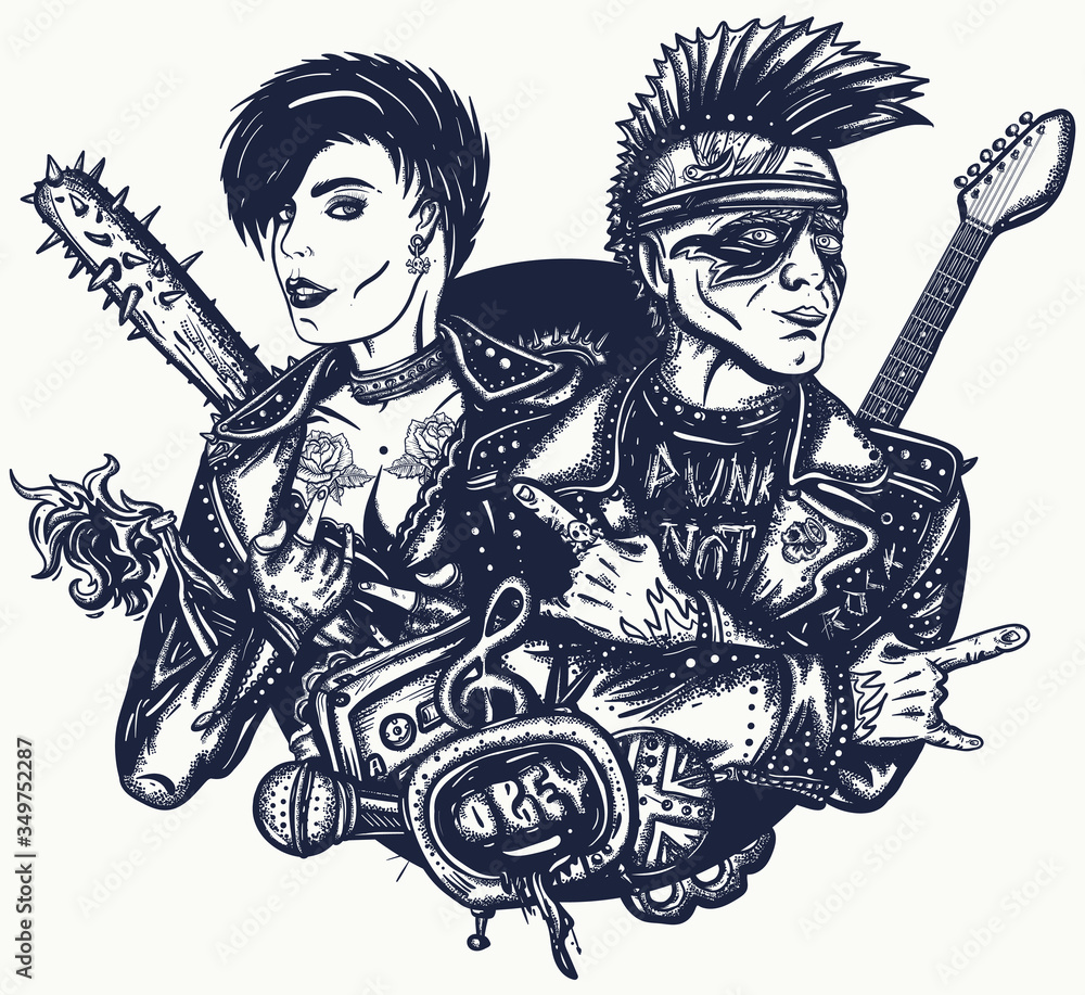 Punk rock. Musicians and electric guitar. Punker with mohawk hairstyle,  guitarist. Rock and roll couple. Hooligans lifestyle. Anarchy art. Street  music culture. Tattoo and t-shirt design Stock Vector | Adobe Stock