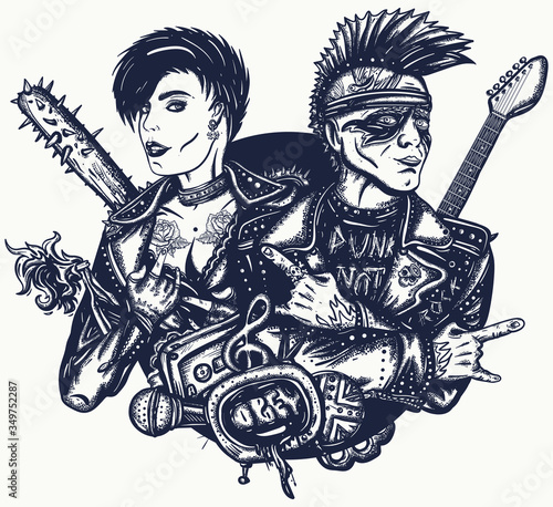 Punk rock. Musicians and electric guitar. Punker with mohawk hairstyle, guitarist. Rock and roll couple. Hooligans lifestyle. Anarchy art. Street music culture. Tattoo and t-shirt design