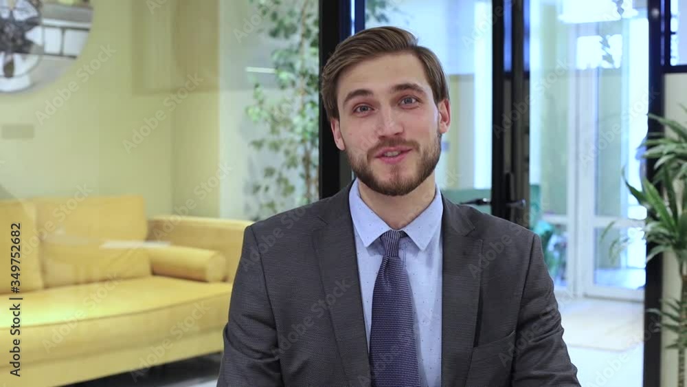 Businessman talking at webcam making conference video call for job interview, video call chat consulting. Businessman talking at webcam making conference video call for job interview, video call chat consulting.