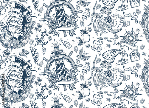 Octopus kraken and pirate ship. Sea seamless pattern. Lighthouse, compass and anchor. Marine background. Funny underwater monster