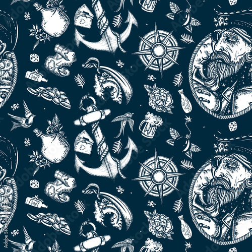 Pirates seamless pattern. Sea adventure background. Old captain, parrot, sea wolf, compass, anchor, treasure island, swallows