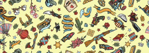 Old school tattoo seamless pattern. Pop culture background