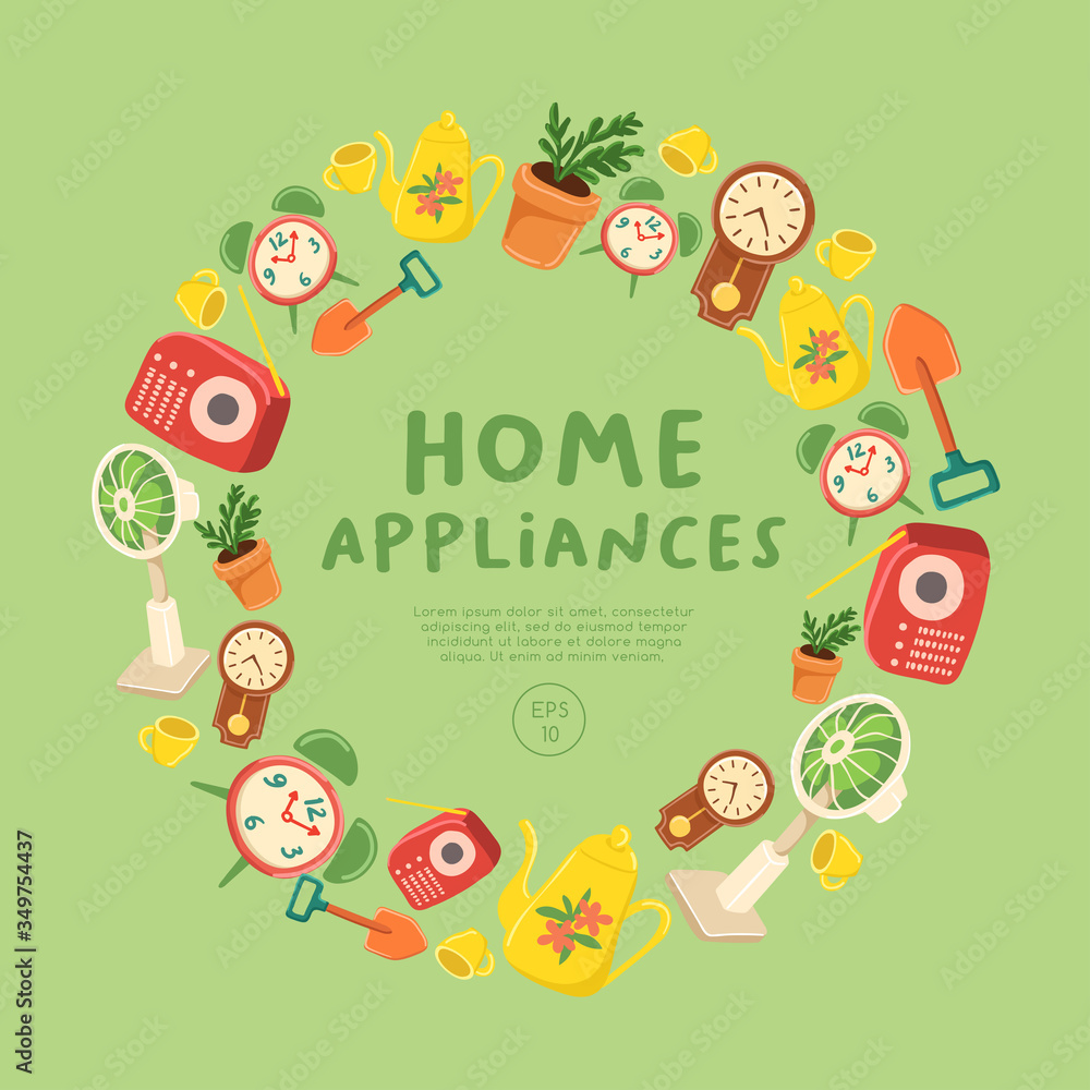 Set of cute home appliances : Card layout : Vector Illustration