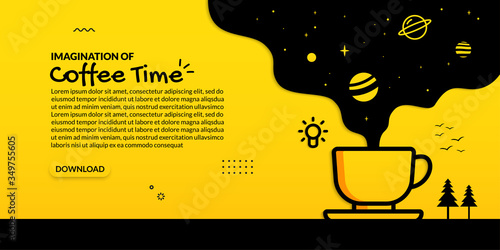 Coffee cup with imagination of space on yellow background